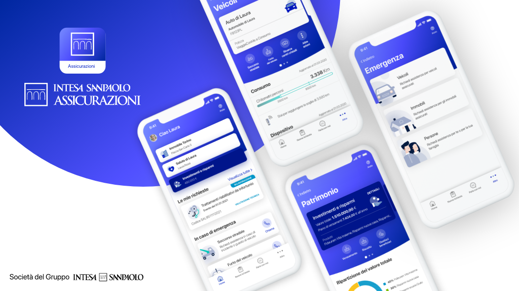 Quattro smartphone accesi su quattro diverse schermate e in alto a sinistra il logo di Intesa Sanpaolo Assicurazioni