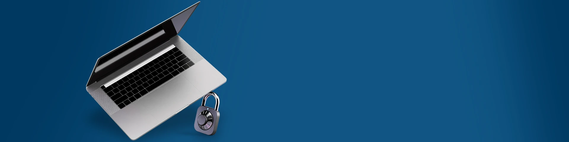 Un computer portatile argento è aperto su uno sfondo blu scuro. Accanto al computer c'è un lucchetto d'argento chiuso.