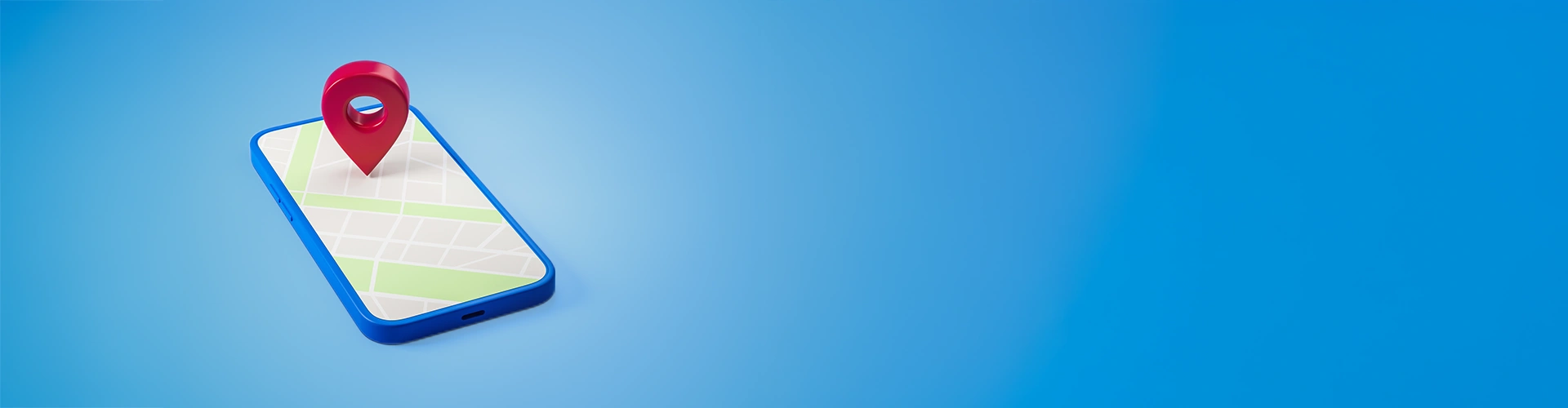 Smartphone con mappa e puntatore rosso tridimensionale